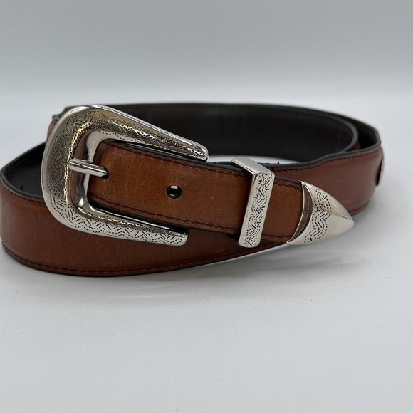 Western Leather Belt‎ 40 Brown Top Grain Engraved Silver Tone Buckle Concho - Picture 5 of 7